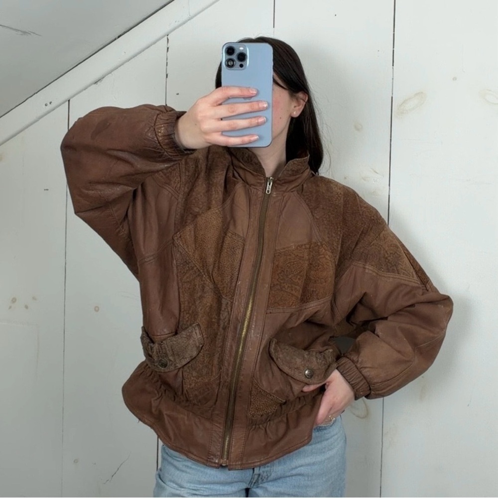 Vintage 80s Leather Suede Paisley Patchwork Bomber Jacket Womens M Brown Western
